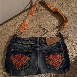 Embroidered Denim Shoulder Bag